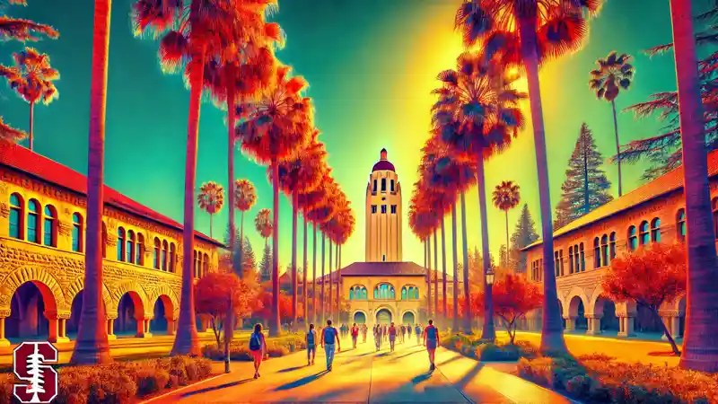 Students stroll under palm trees toward Hoover Tower, symbolizing ambition in the Knight-Hennessy Scholars Program
