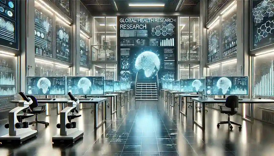 Researchers collaborating in a high-tech global health lab, analyzing data, and discussing innovative solutions