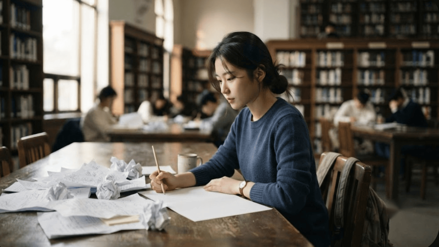 Korean university student in a library surrounded by crumpled draft pages, starting again on a fresh blank sheet