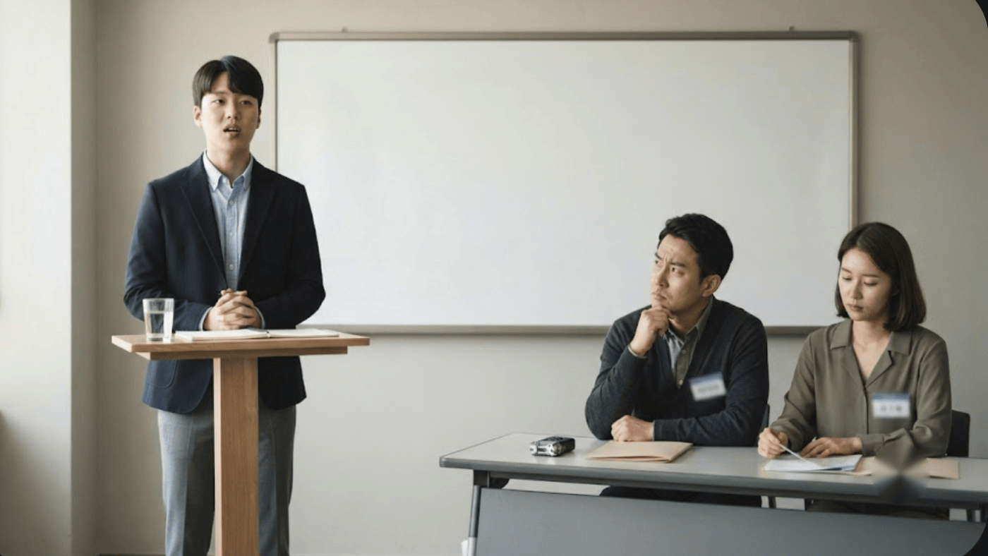 Korean student delivering a stiff memorised presentation at a lectern while two evaluators listen, unconvinced