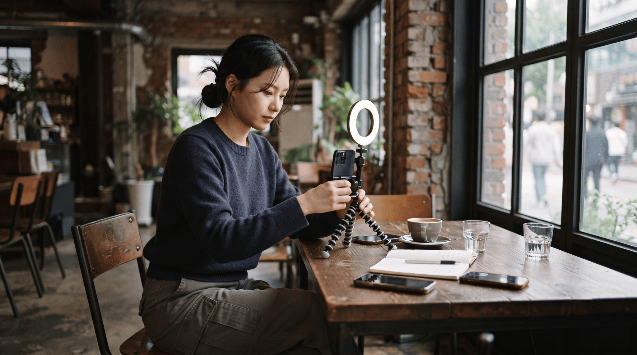 A young Korean content creator in a converted-warehouse cafe in Seongsu, Seoul, setting up a smartphone on a tripod with a ring light