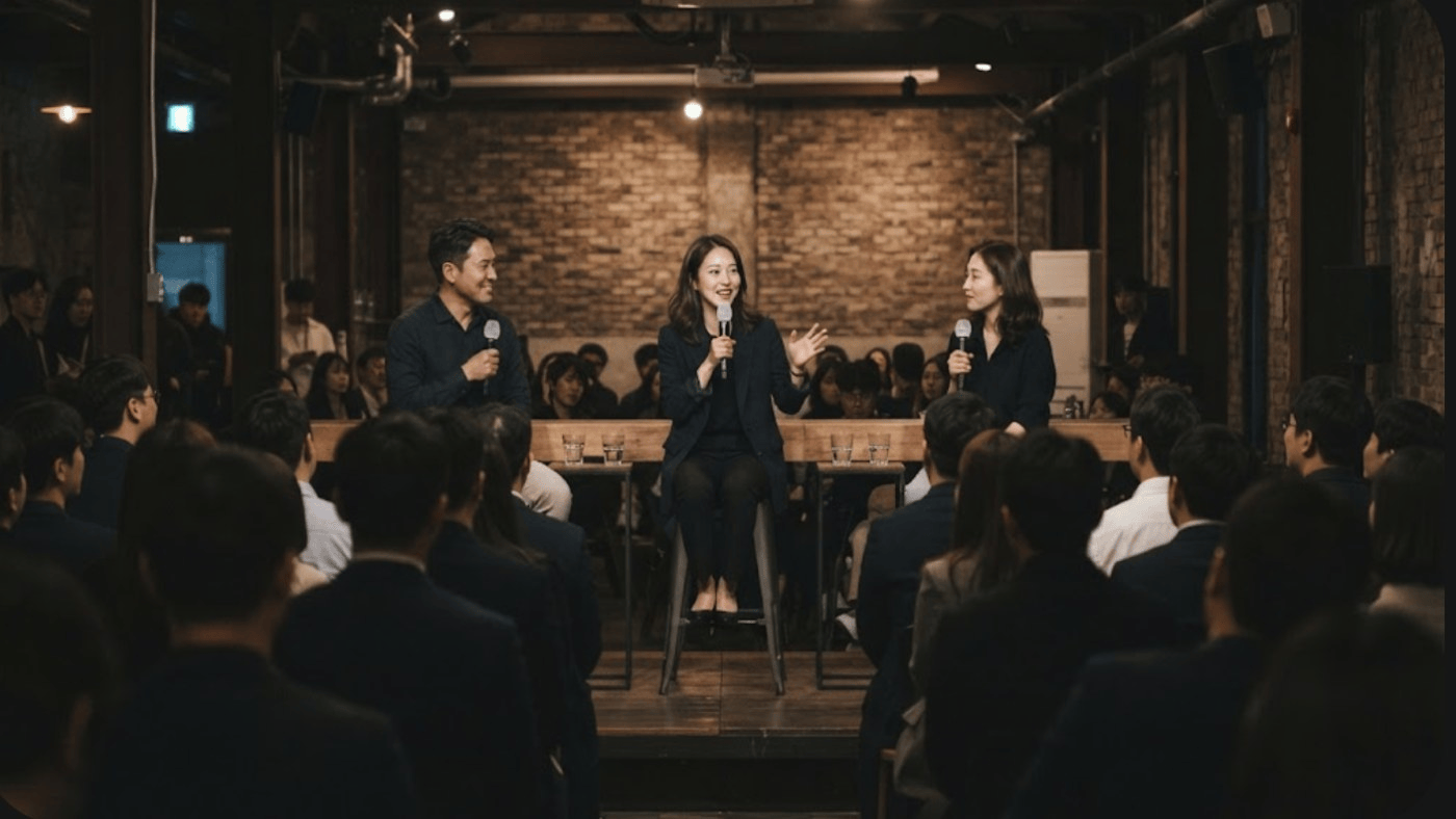 Korean woman speaking on a three-person panel at an evening industry event in a brick Seongsu warehouse venue, audience seen from behind