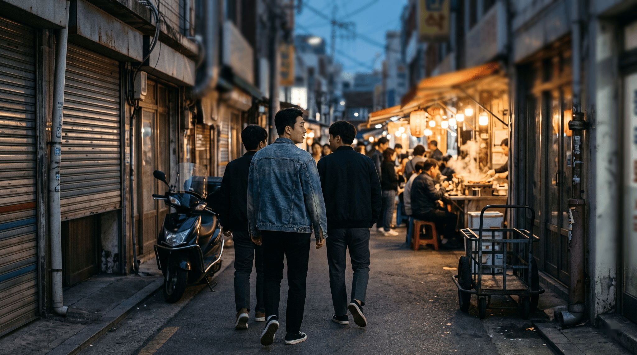 Early evening on a Euljiro street, a small group walks away from the camera toward a night market glowing at the end of the road.