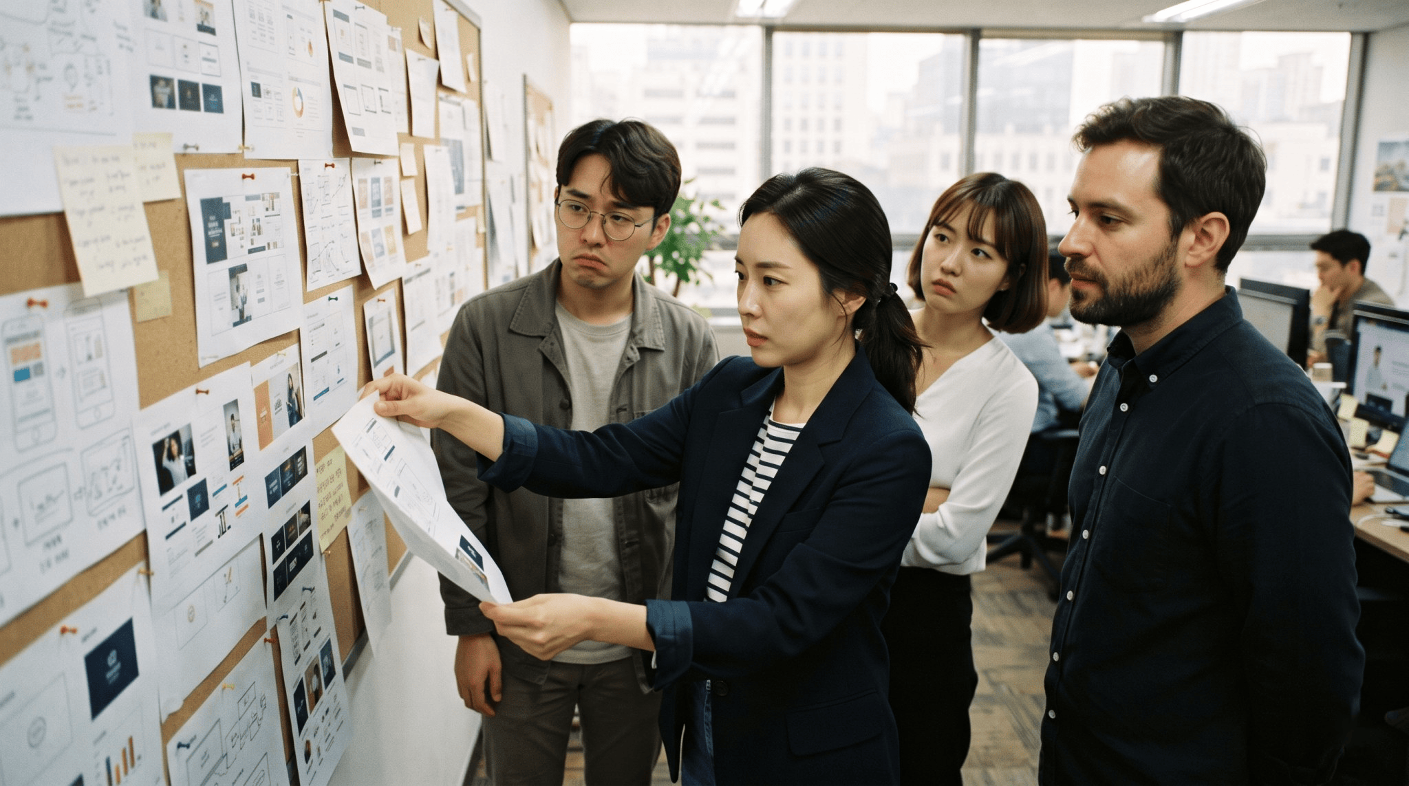 A marketing team in a Seoul office standing in front of a wall covered with campaign print-outs and mock ups, unsure, a Korean woman team lead pulling a page down while two men and a woman watch.