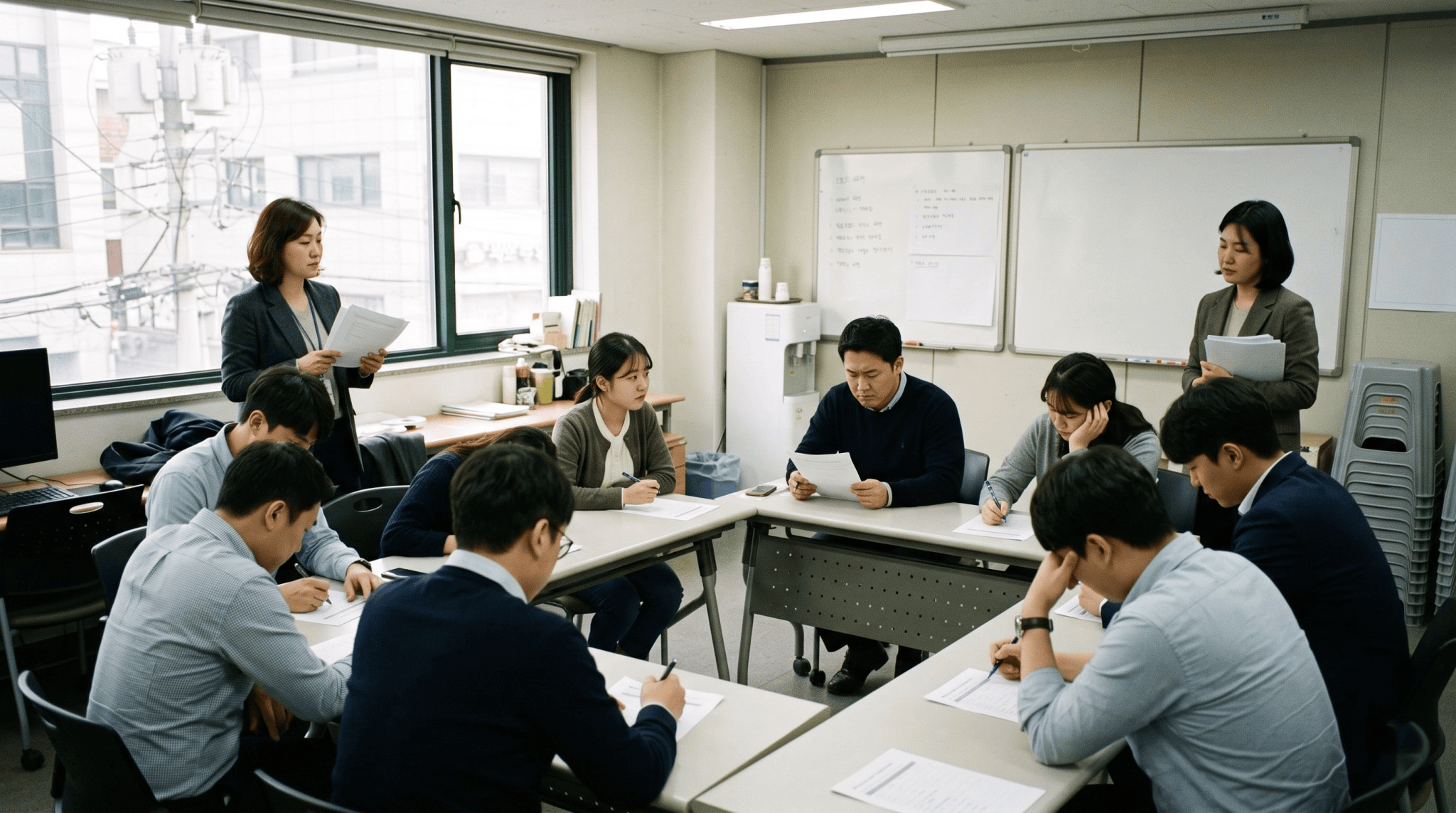 A personality workshop in a plain Seoul office training room: eight employees at tables filling in paper questionnaires with pens, one frowning at a question, one glancing at a neighbour's sheet, a facilitator by the window holding a stack of forms.