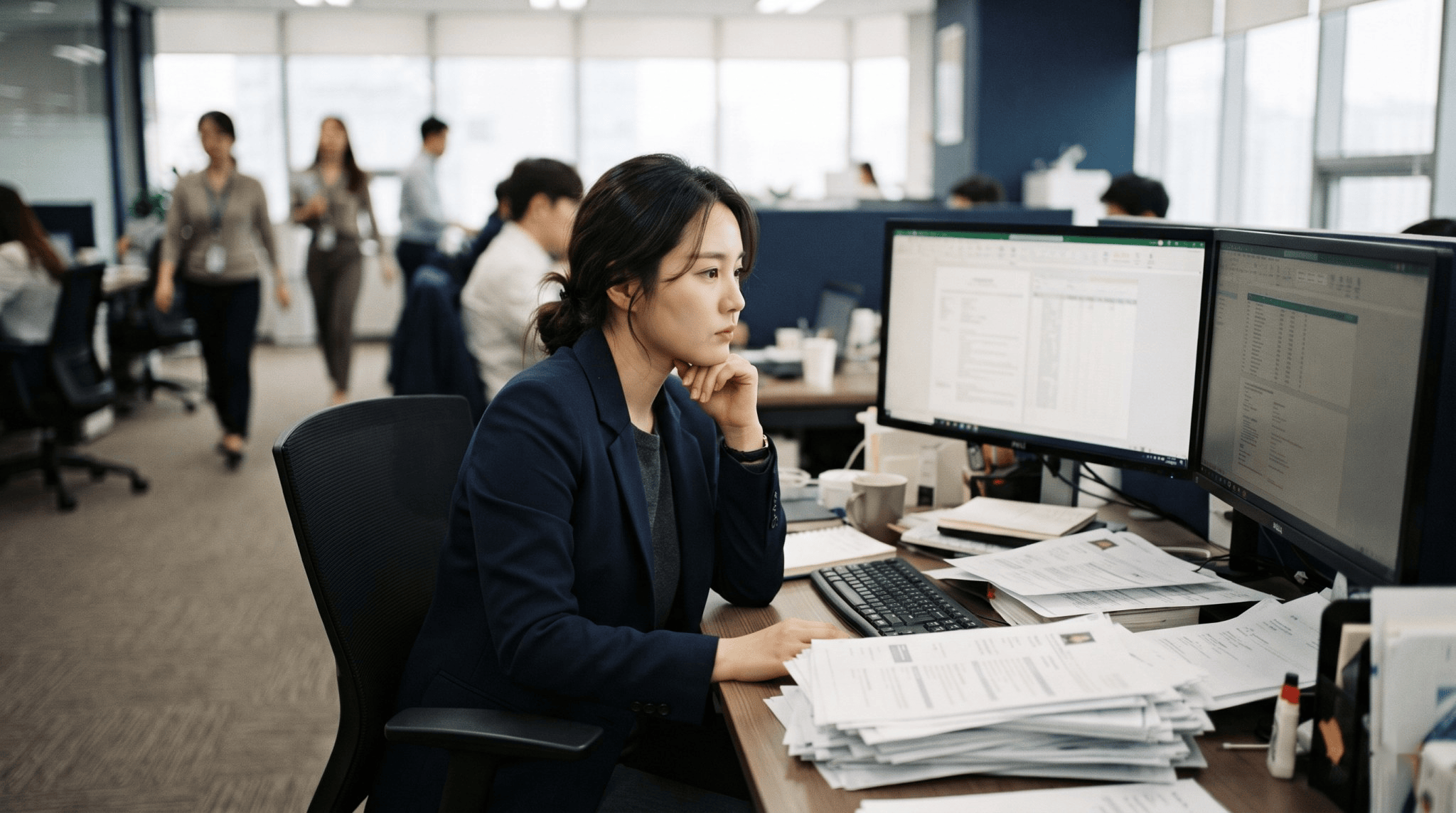 A Korean woman recruiter in a Seoul office scanning resumes on two large monitors, chin on hand, a stack of printed resumes beside the keyboard.