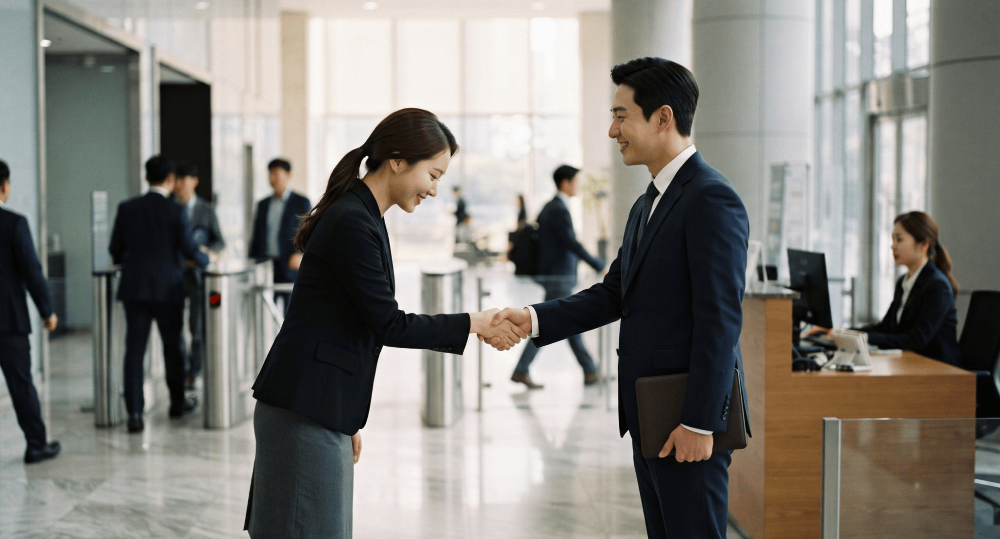 A Korean woman and a Korean man shaking hands in the lobby of a Seoul office tower, one slightly bowing, a security gate and a receptionist in the background, morning light.