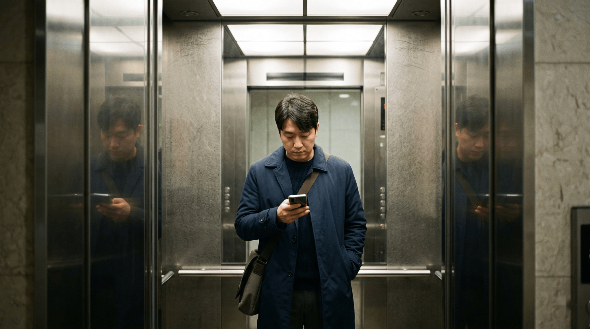 A man in his thirties alone in an office building elevator in Seoul, looking at his own profile on his phone, his reflection in the brushed steel doors.