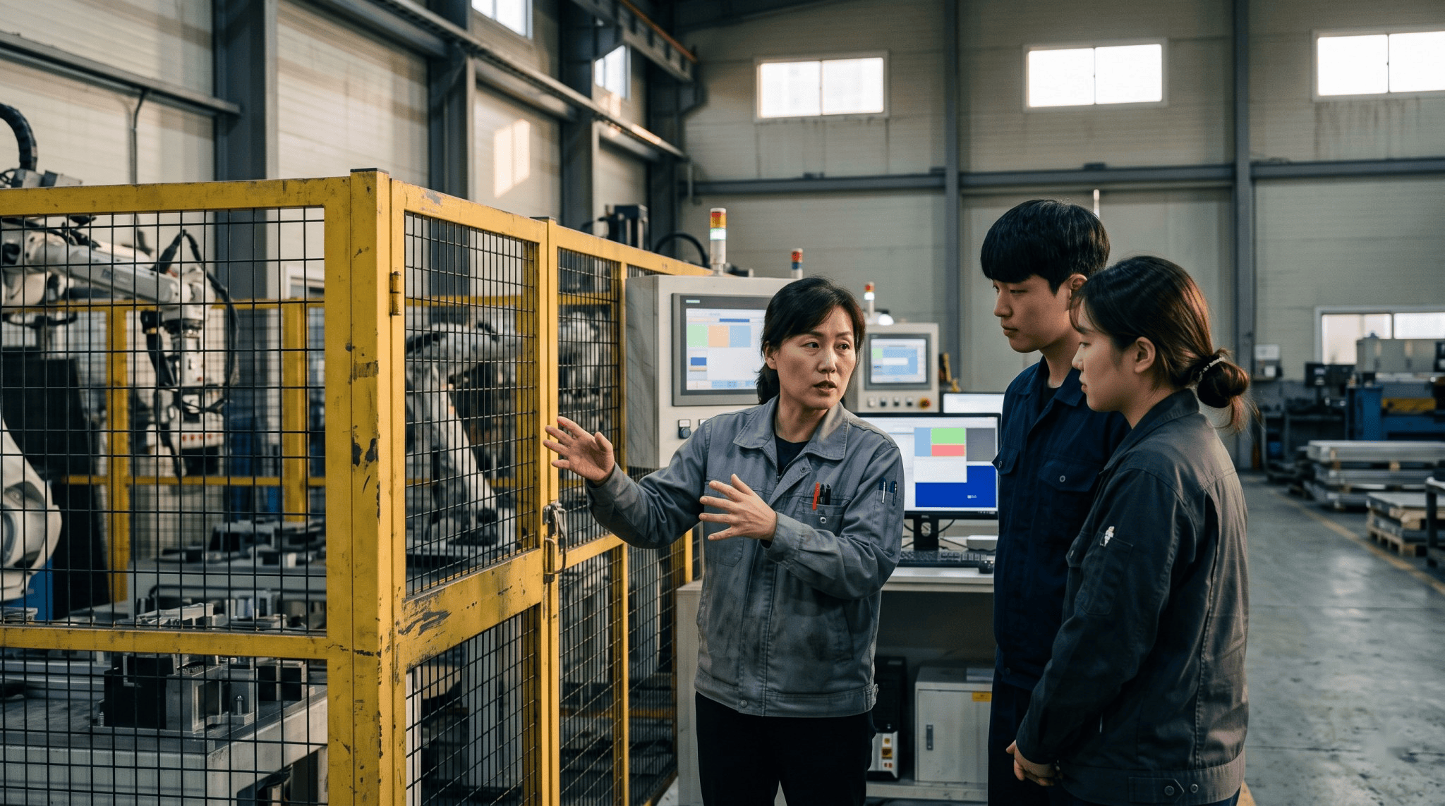 A Korean woman engineer explains a robot cell to younger colleagues on a factory floor