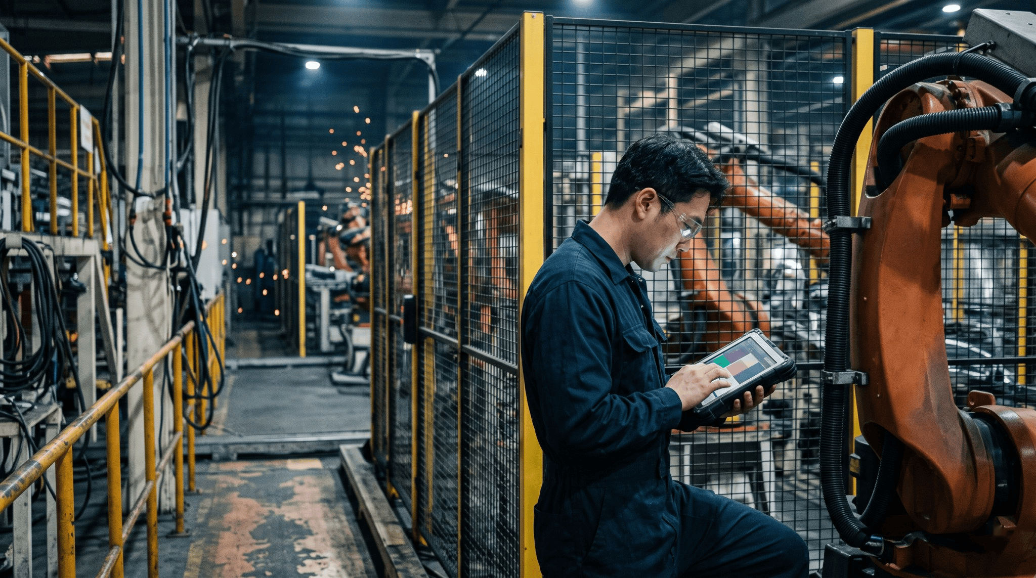 A Korean technician in navy overalls checks a tablet beside an orange industrial robot arm on a car body welding line