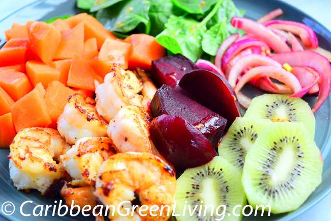 Grilled Shrimp Salad with Spinach, Beet, Papaya and Kiwi