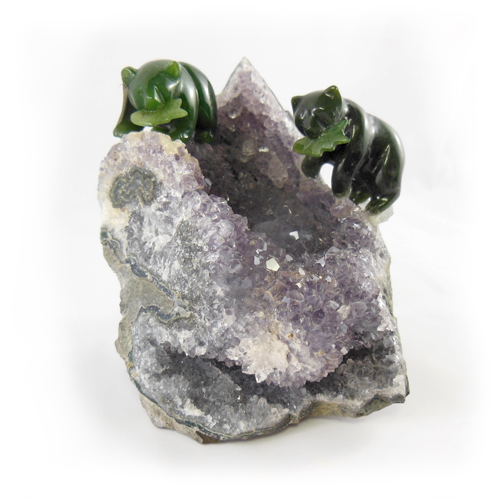 Two B.C. Jade Bears on Amethyst Crystal - Cariboo Jade & Gift Shop