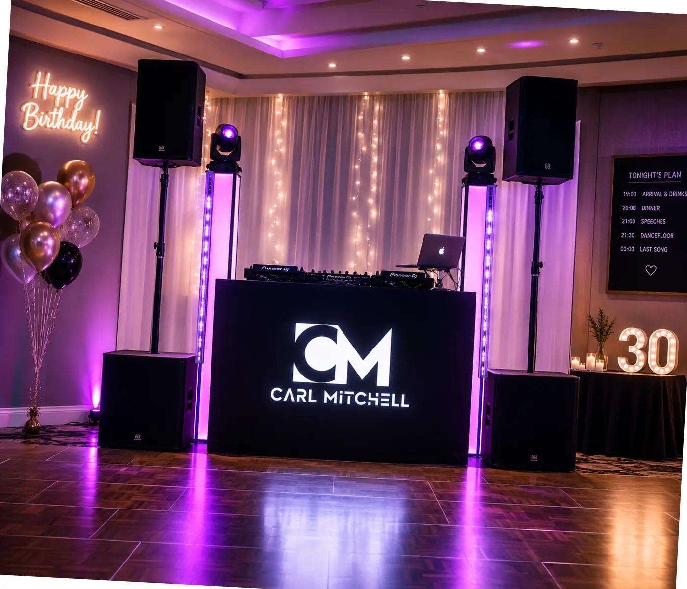 Professional birthday DJ setup in a function room