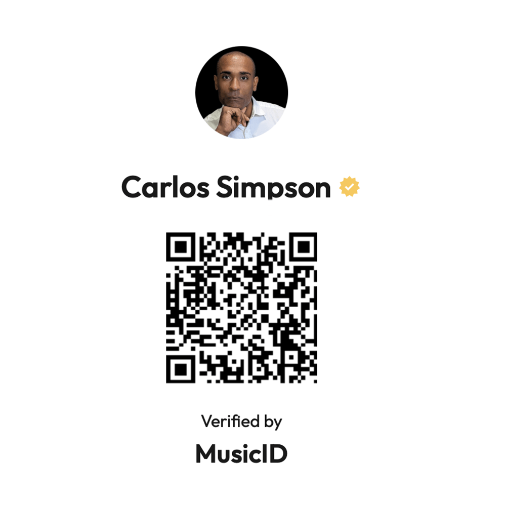 Verification badge image for artist Carlos Simpson, featuring a portrait photo, his name with a verified checkmark, a QR code, and the MusicID trust badge – confirming his identity on the Carlos Simpson Music website.