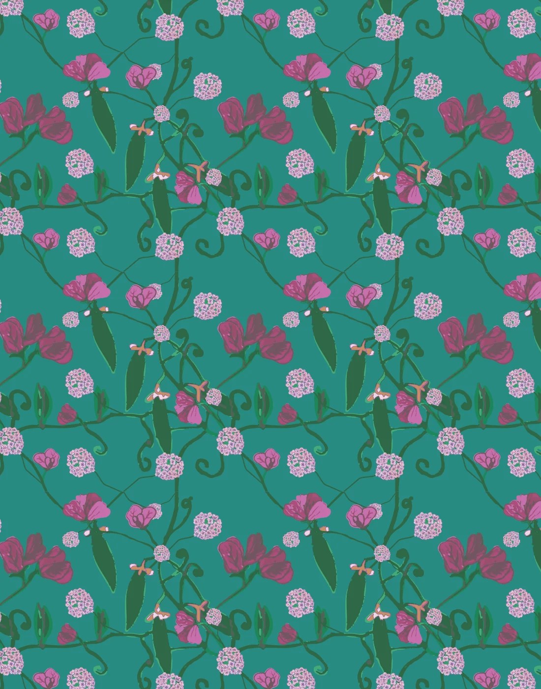 A delicate surface pattern featuring trailing sweet pea flowers