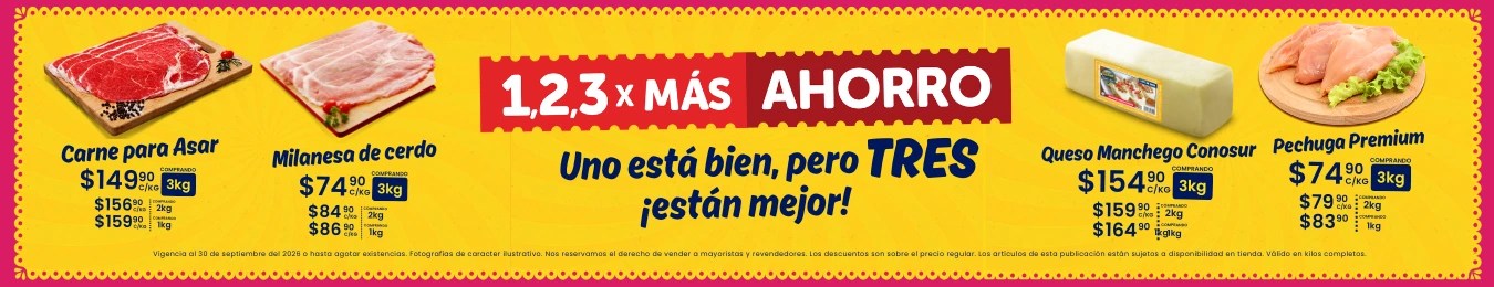 1, 2, 3 Ahorro: compra más y ahorra más en Carnemart - banner
