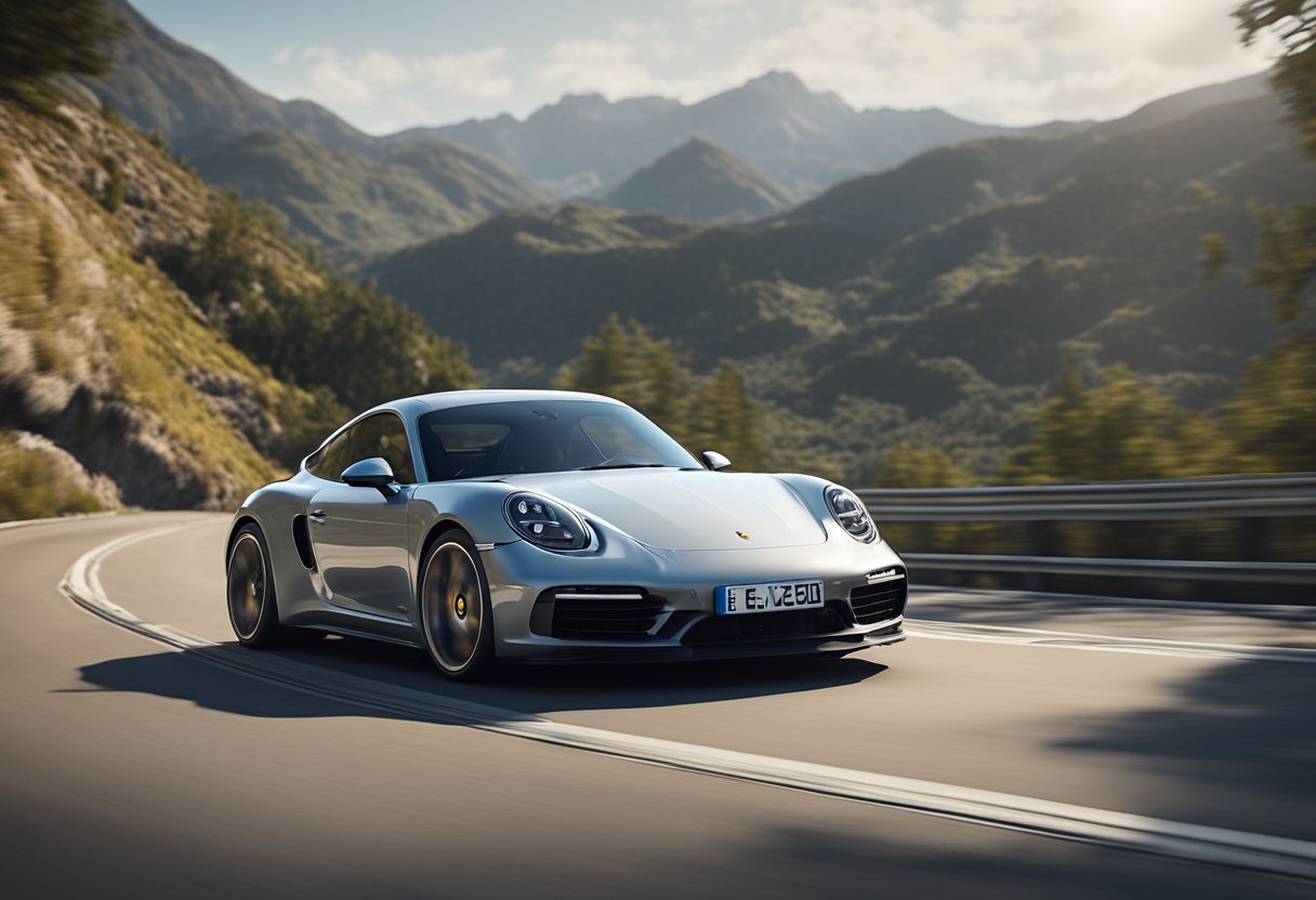 A sleek Porsche with PASM glides over a winding road, seamlessly adjusting its suspension to conquer every curve with precision and control