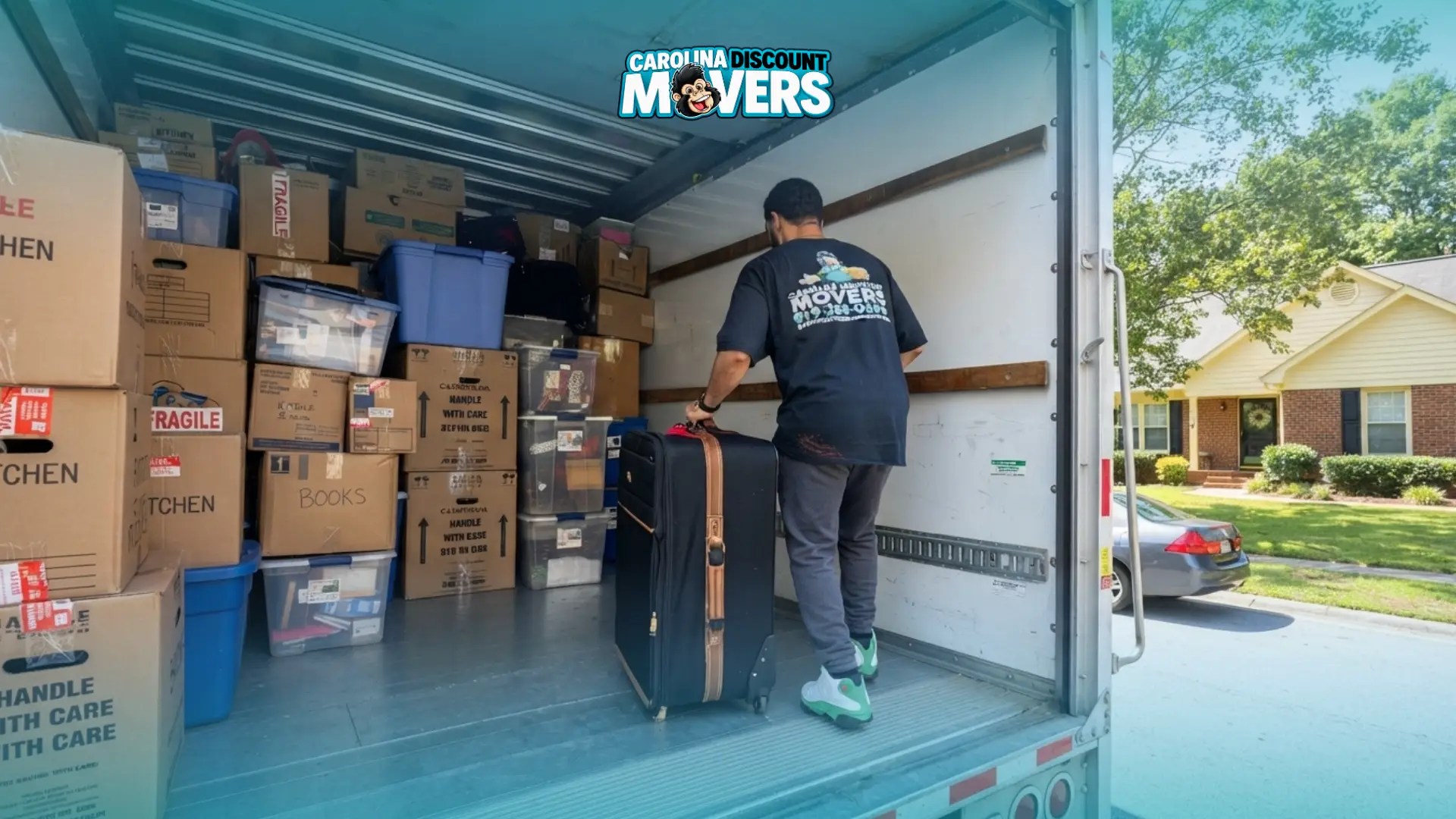 Home sellers preparing furniture and boxes for a residential move-out