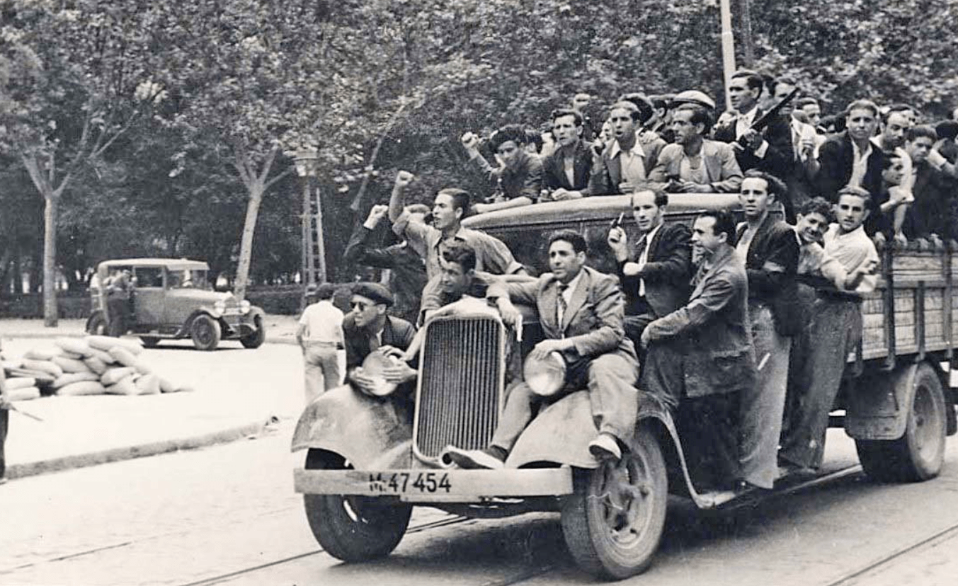 Local Militia travel through Madrid