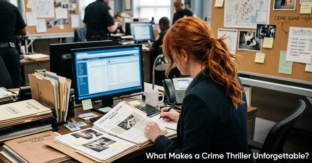 Feature image for a blog post about what makes a crime thriller unforgettable, showing a red-haired detective reviewing an investigation file at a police department workstation surrounded by case files, evidence photos, maps, and a crime investigation board.