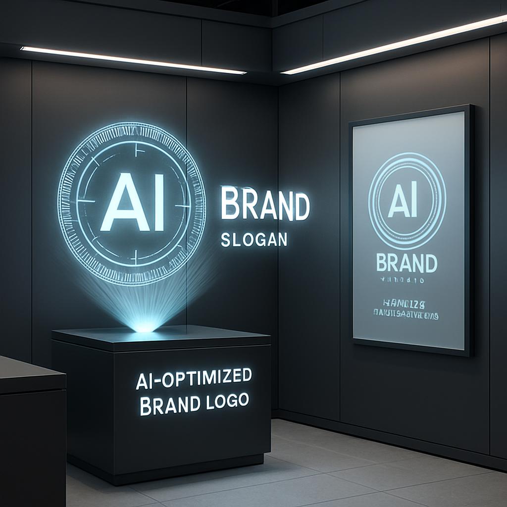 AI-optimized brand logo displayed on a presentation screen and poster.