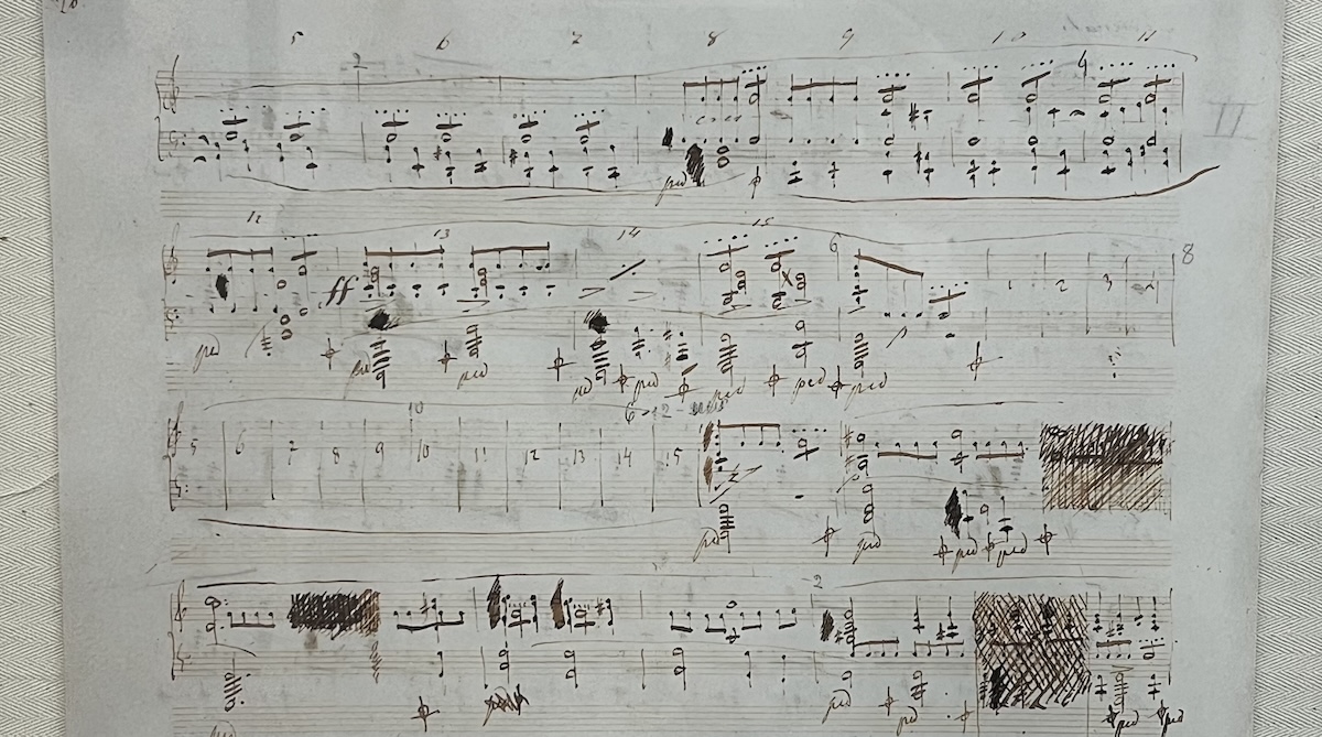Chopin's musical drafts with sections crossed out