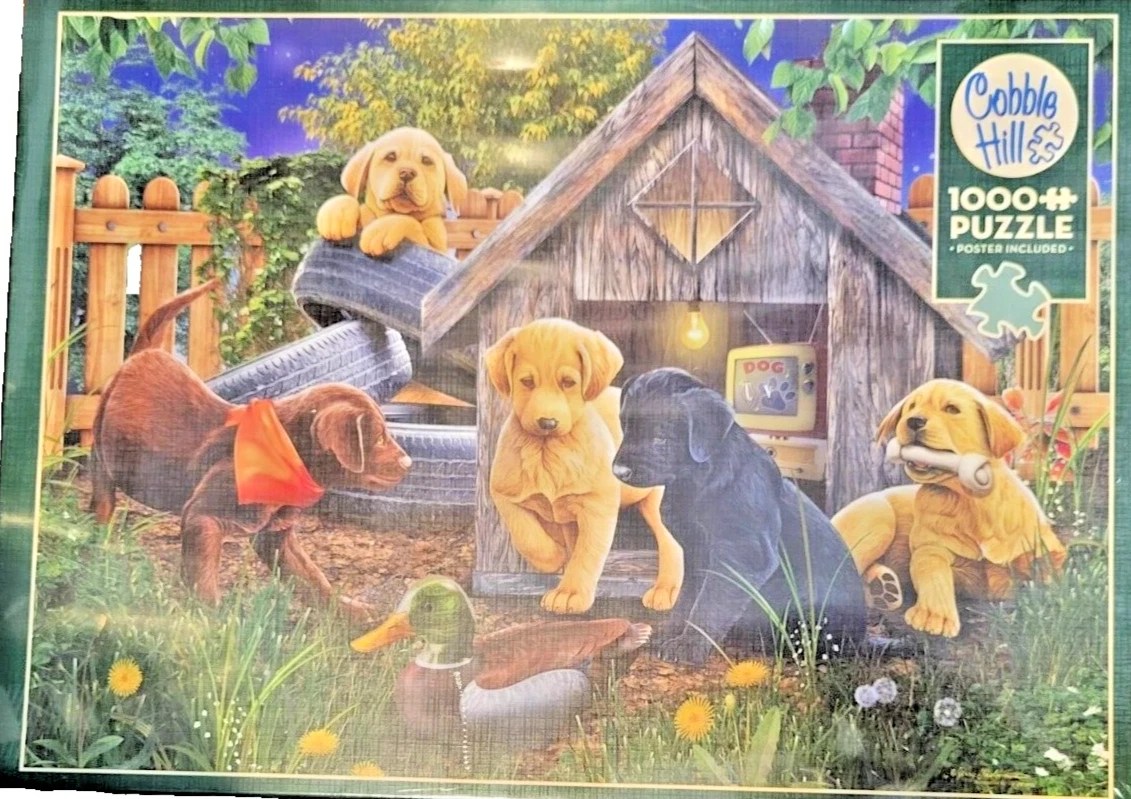 Labrador puppies around a doghouse 1000-pc Jigsaw Puzzle