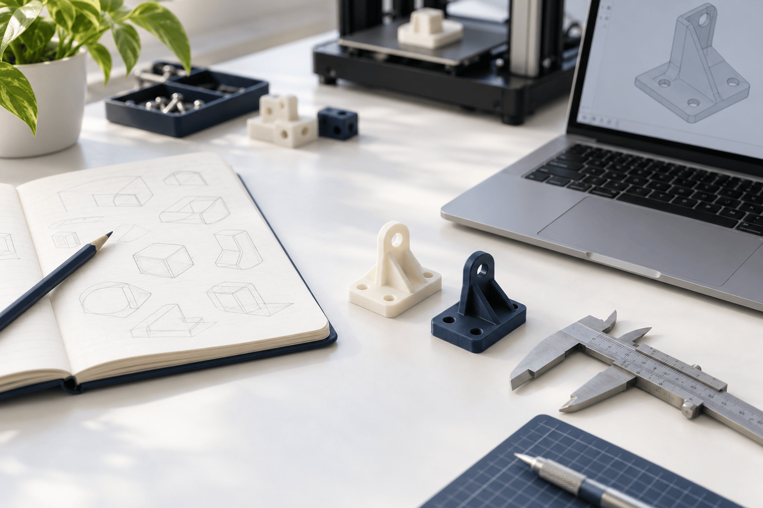 Prototype development illustration with a sketchbook, CAD screen, small printed brackets, and calipers.
