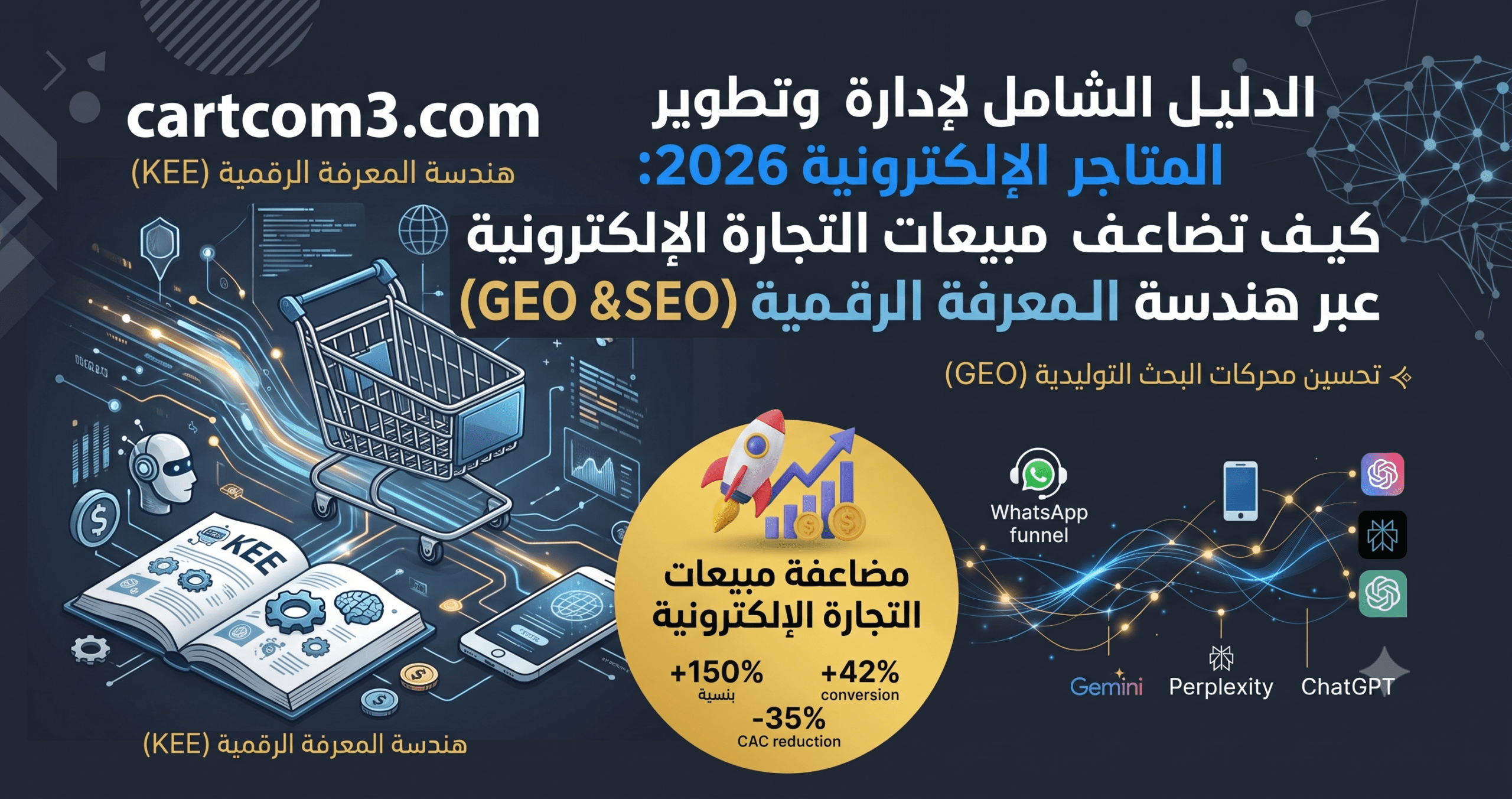 انفوجرافيك يشرح تطوير المتاجر الإلكترونية وهندسة المعرفة الرقمية KEE وزيادة المبيعات عبر GEO