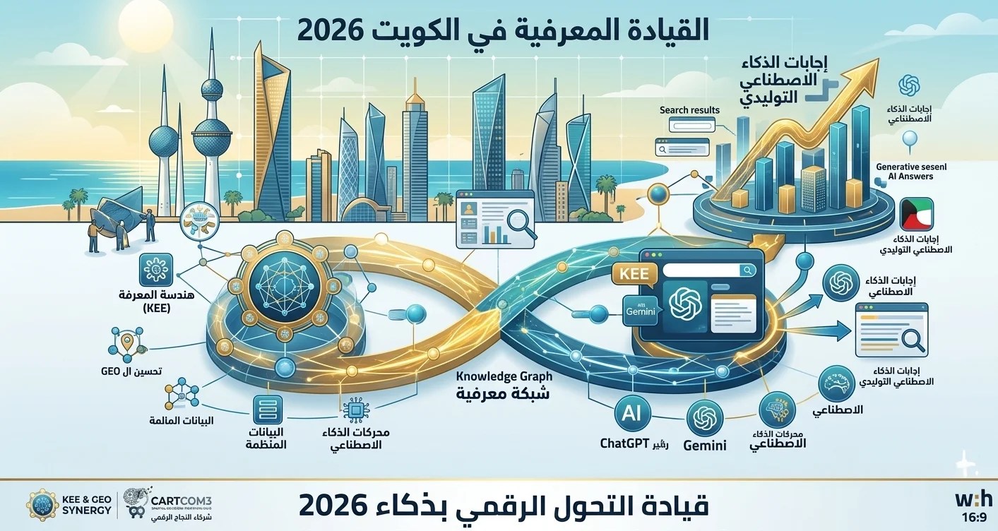 رسم بياني (إنفوجرافيك) يوضح إستراتيجية "هندسة المعرفة الرقمية 2026" من كارتكوم في الكويت، يربط بين شبكة الكيانات (Knowledge Graph) وتصدر إجابات الذكاء الاصطناعي التوليدي والـ GEO.