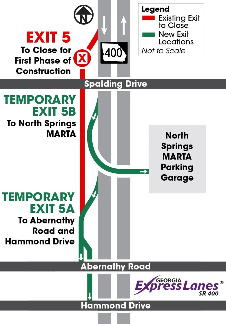 GDOT map showing temporary southbound SR 400 Exit 5B for North Springs MARTA and Exit 5A for Abernathy Road and Hammond Drive