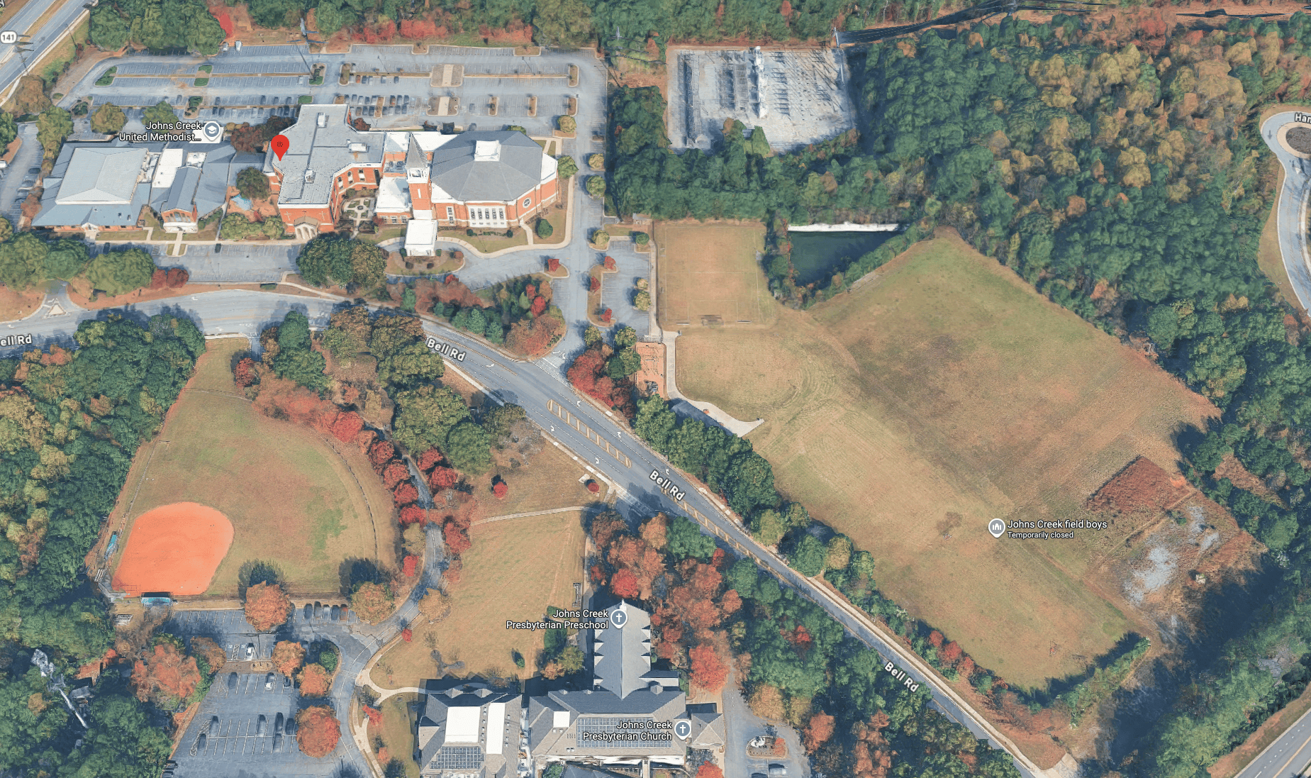 3D aerial context showing the church campus, Bell Road and adjoining neighborhoods
