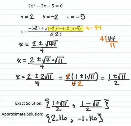 Class notes showing an irrational quadratic solution worked out with both exact radical form and approximate decimal answers
