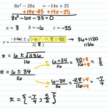 Class notes showing quadratic formula applied to a rational solution problem with a, b, c identified and steps worked out