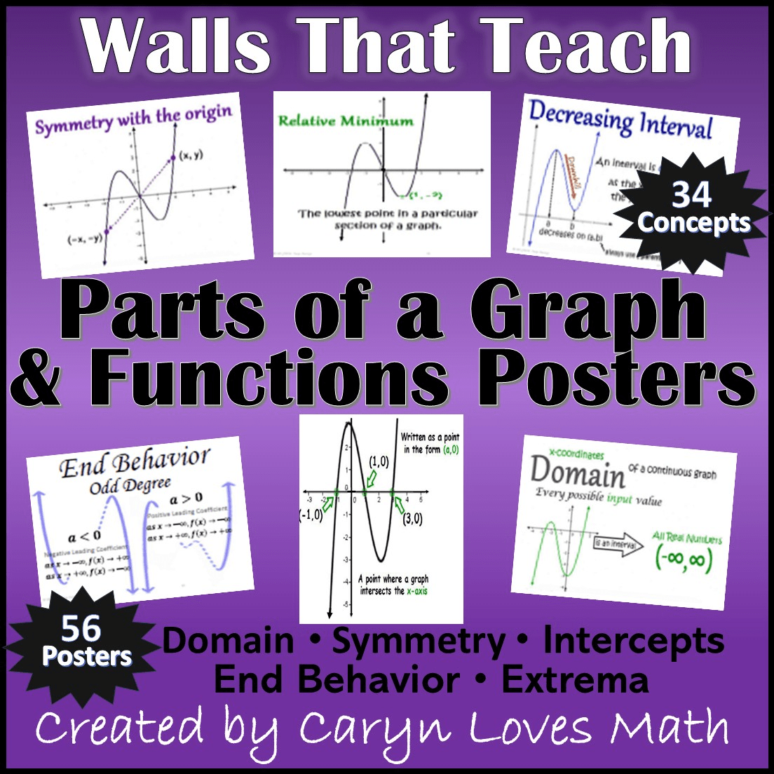 Parts of a Graph and Functions Word Wall Posters Algebra 1 and 2
