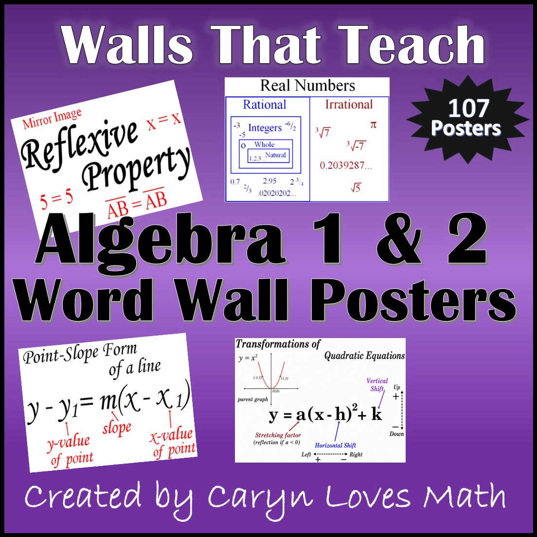 Algebra Word Wall 107+ Math Vocabulary Posters for Algebra 1 and 2