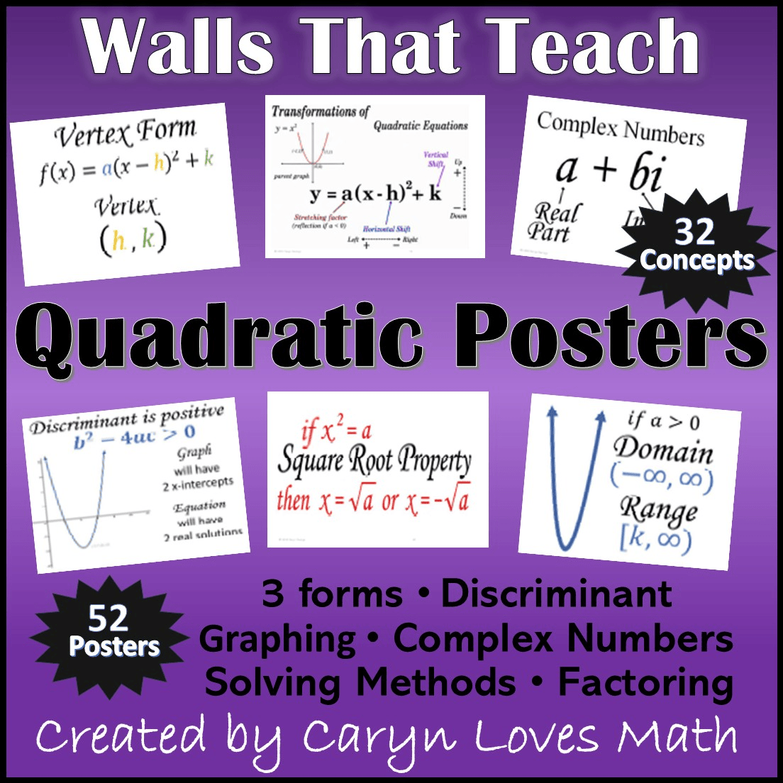 Quadratics Word Wall Posters — Forms, Graphs, Transformations, Solving Algebra