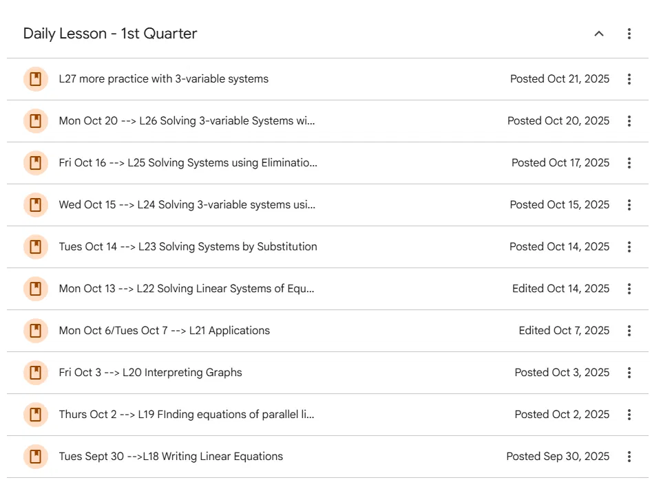 Google Classroom organization showing Daily Lesson list posted in order