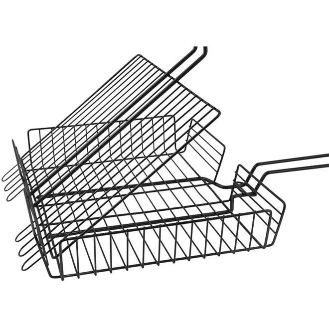 Stack of stainless steel grilling baskets with long handles, designed for barbecue use.