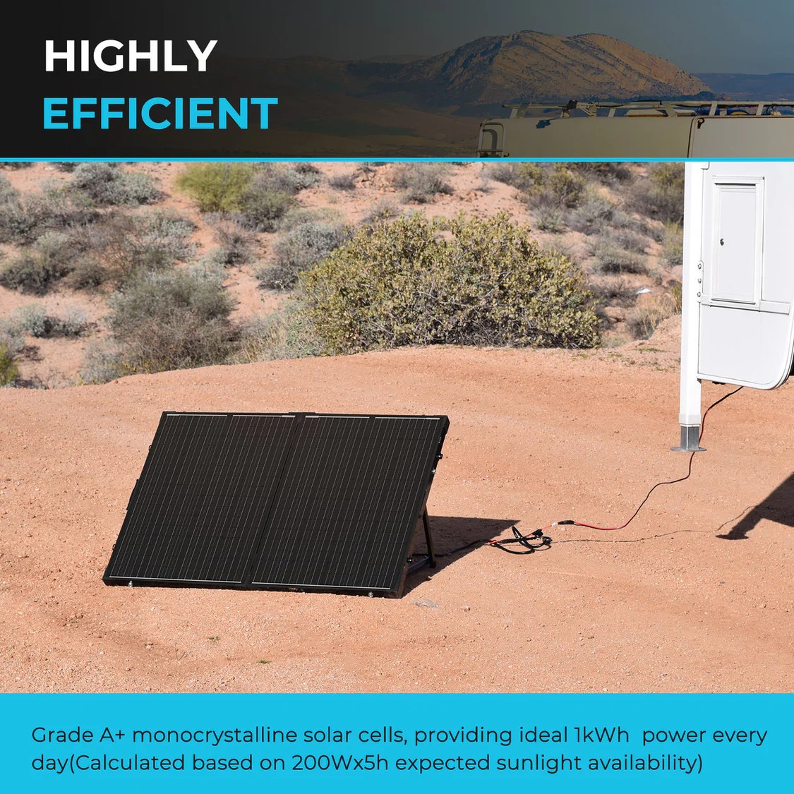 Renogy 200W foldable solar suitcase charging an RV in a desert landscape, showing high-efficiency monocrystalline solar panels.