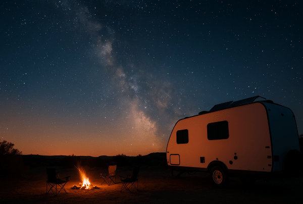 A travel trailer parked under a star-filled sky with a campfire glowing in the foreground, capturing the quiet of off-grid camping without a generator. Perfect visual for explaining how solar power and a strong battery system can run a CPAP machine all nigh
