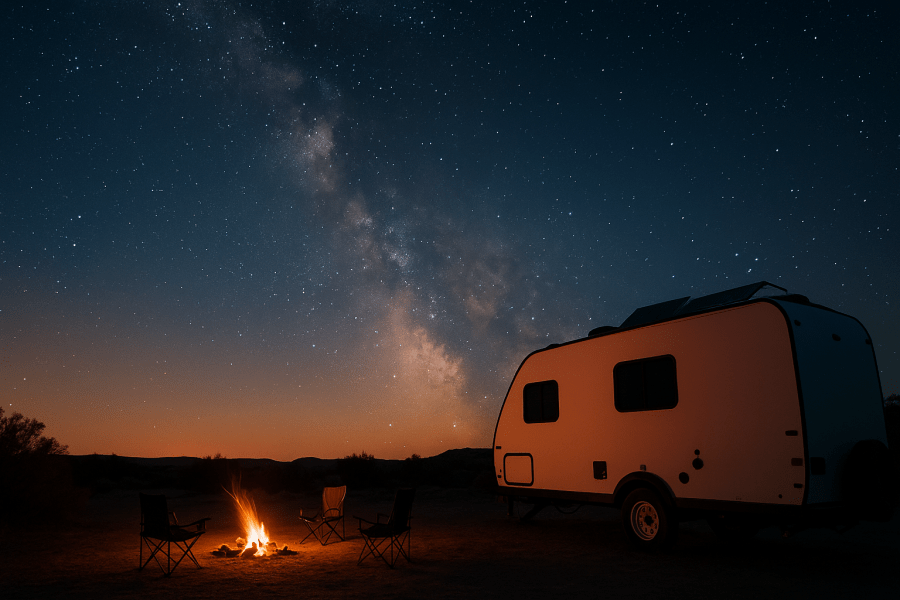 A travel trailer parked under a star-filled sky with a campfire glowing in the foreground, capturing the quiet of off-grid camping without a generator. Perfect visual for explaining how solar power and a strong battery system can run a CPAP machine all nigh