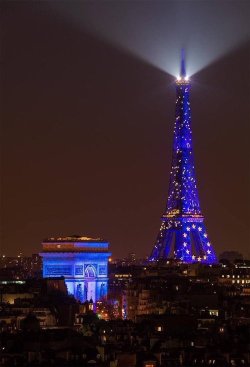 Blue Eiffel Tower and Arc de Triomphe