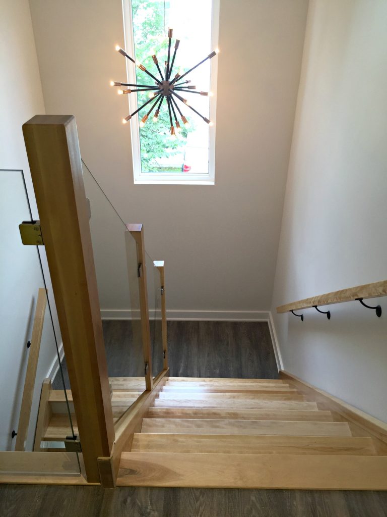Custom Butcher Block Staircase with Glass Railing