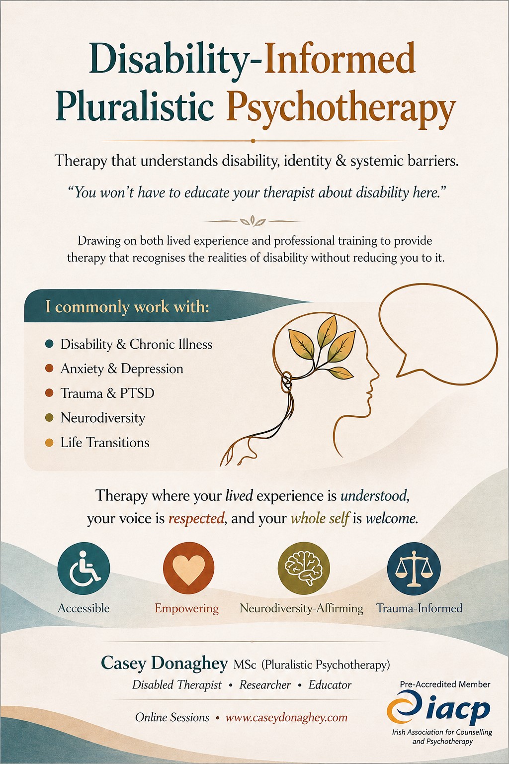 Infographic on disability-informed pluralistic psychotherapy, listing support for disability and chronic illness, anxiety and depression, trauma and PTSD, neurodiversity and life transitions