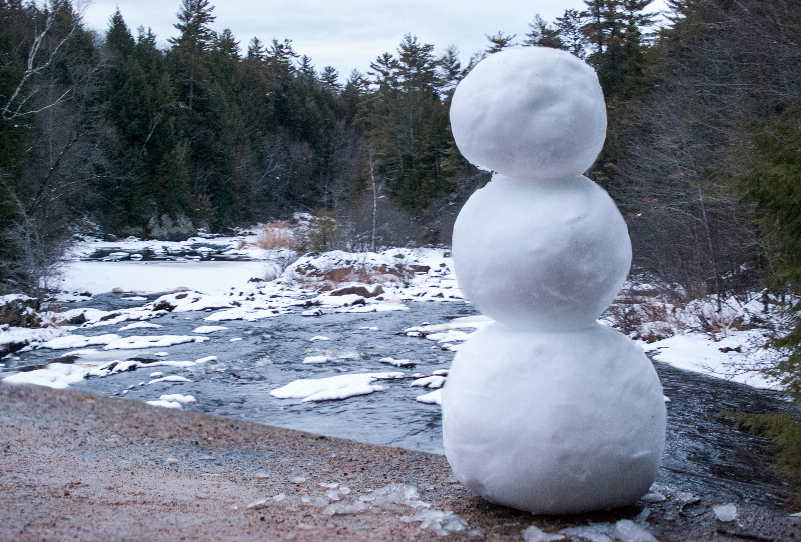 Dam on the Contoocook river. Snowman by me.