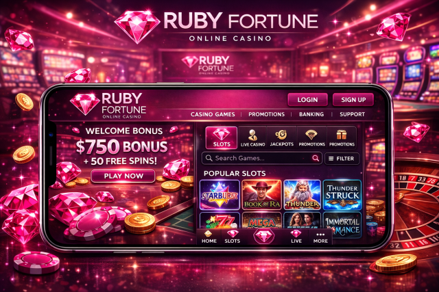 Ruby Fortune Casino mobilapp-grensesnitt med casinospill og navigasjon