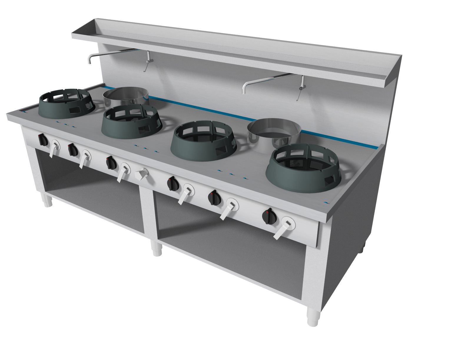 Cucina etnica WOK a 5 fuochi. Cm. 250x60x85H.