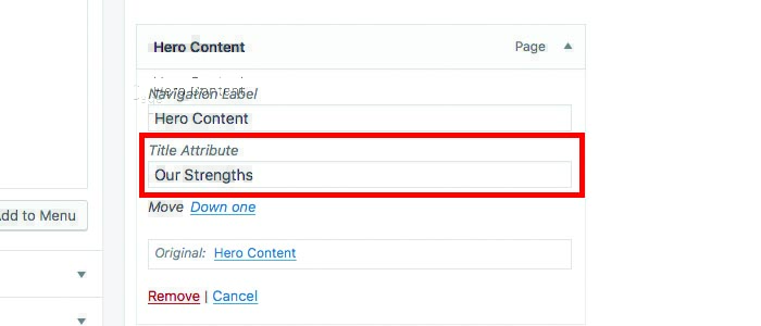 · open the menu and add title attribute next to navigation label. How to Add Title Attribute in WordPress Navigation Menus | DevotePress