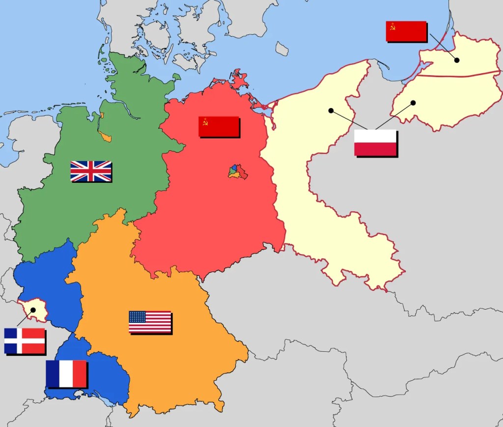 Colorful map showing the occupation zones of post- WWII Germany as they existed in 1947,